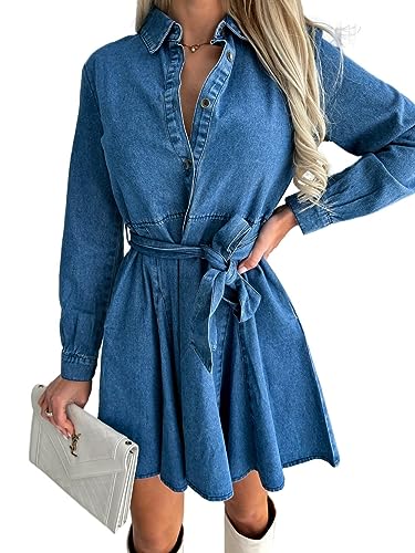 Kleid Langarm, Damen-Jeanskleid Sexy Dunkelblau Lange Ärmel V-Ausschnitt Knopfleiste Freizeitkleid Elegante A-Linie Spleißen Minikleid Herbst Vintage-Waschung Verblasste Jeanskleider Mit Gürtel L von LCDIUDIU