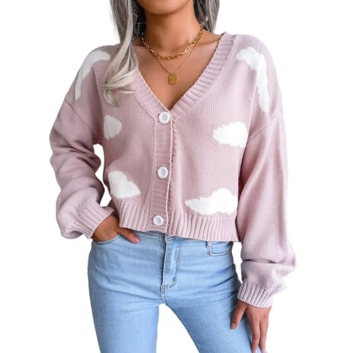 Kurzer Damen-Cardigan Fashion Clouds Grafische Strick-Cardigans Mit Knöpfen Damen-Pullover Mit V-Ausschnitt Mantel Herbst Und Winter Strickjacke Kurze Warme Strickpullover Tops Pink L von LCDIUDIU