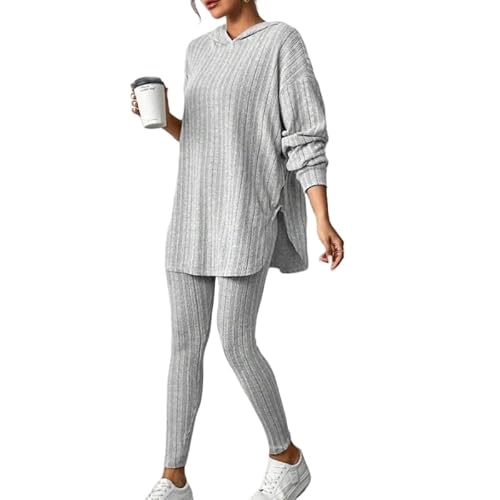 LCDIUDIU 2 Teiliges Set Mit Kapuzenpullovern für Damen, Schwarze Streifen, Lange Ärmel, Lockerer Pullover Mit Kapuze, Sweatshirt, Leggings Und Hose Mit Elastischer Taille, 2 Teiliges Outfit für D von LCDIUDIU