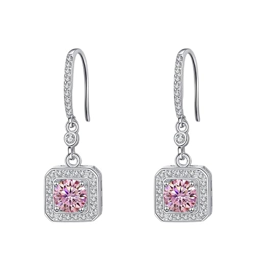 LCDIUDIU 925 Sterling Silber Moissanit Ohrhänger für Damen, Baumelnde Quadratische Eingelegte Runde 5 Mm Zirkonia Anhänger Ohrringe Geburtsstein Edelstein Hypoallergen Schmuck Geschenk Rosa von LCDIUDIU