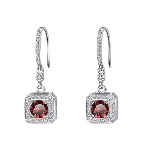 LCDIUDIU 925 Sterling Silber Moissanit Ohrhänger für Damen, Baumelnde Quadratische Eingelegte Runde 5 Mm Zirkonia Anhänger Ohrringe Geburtsstein Edelstein Hypoallergen Schmuck Geschenk Rot von LCDIUDIU