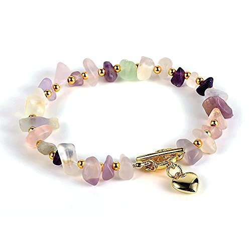 LCDIUDIU Armband Damen,8Mm Naturstein Fluorit Kristall Armband Boho 18K Vergoldet Herz Charm Chip Kies Perlenkette Yoga Energie Edelsteine ​​Perlen Armreif Schmuck Für Frauen Männer Geschenk von LCDIUDIU