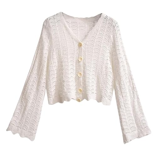 LCDIUDIU Damen Häkeltop, Weiß Langarm V Ausschnitt Button Down Strickjacke Jacke Sommer Lässig Locker Bolero Transparent Bikini Cover Up Weiß XL von LCDIUDIU