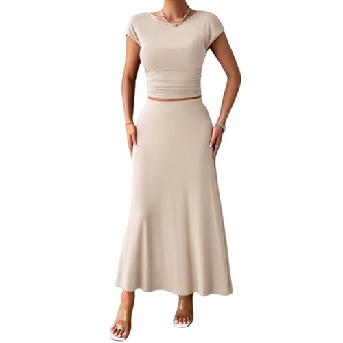 LCDIUDIU Damen Set Aus Rock Und Oberteil, Beige, Rundhalsausschnitt, Kurzärmliges T Shirt, Elastischer, Plissierter Langer Rock, Zweiteiliges Sommer Outfit für Reisen, Alltag, Ausgehen, Lounge Set von LCDIUDIU