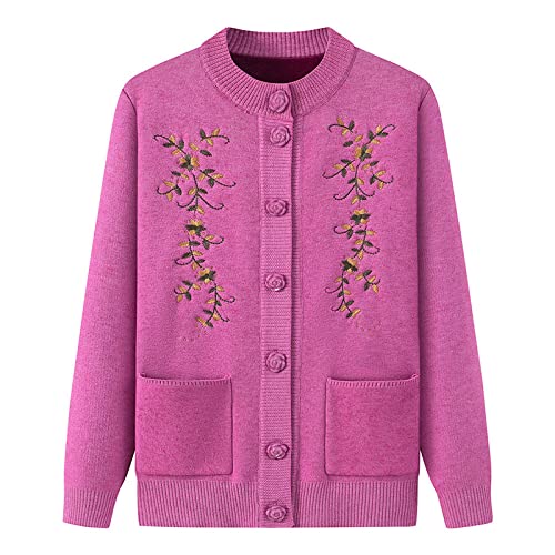 LCDIUDIU Damen-Strickjacken Mit Fleece-Futter Elegante Strickjacke Mit Blumenstickerei Für Alte Frauen Langärmelig Warme Sherpa-Strick-Oberbekleidung Mit Knöpfen Weiche Dicke Winterjacke Rosa XL von LCDIUDIU