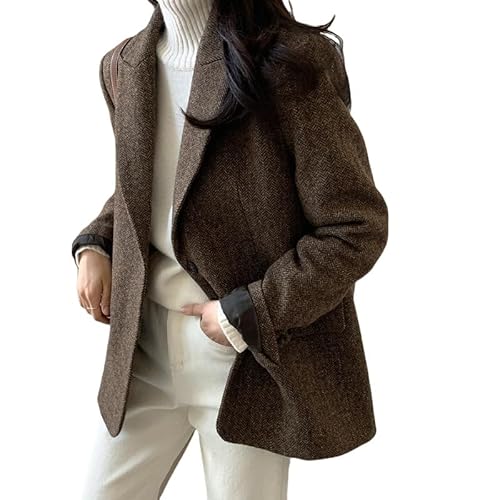 LCDIUDIU Damen Tweed Fischgrät Blazer Jacke Für Frauen Mittellanger Trenchcoat Elegent Einreihiger Trenchcoat Wolle Mantel Mischung Duffle, Pea Mantel Winddichte Mäntel Braun M von LCDIUDIU