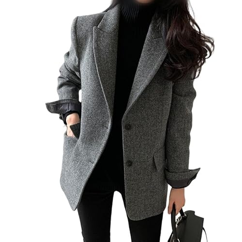 LCDIUDIU Damen Tweed Fischgrät Blazer Jacke Für Frauen Mittellanger Trenchcoat Elegent Einreihiger Trenchcoat Wollmantel Mischung Duffle, Pea Coat Winddichte Mäntel Grau M von LCDIUDIU
