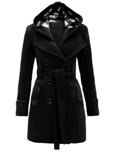 LCDIUDIU Damen Zweireihiger Warmer Mantel Winter Herbst Eleganter Trenchcoat Dufflecoat Mit Karierter Kapuze Jacke Langarmjacken Mittellange Mischung Pea Coat Mantel Strickjacke,Schwarz,S von LCDIUDIU