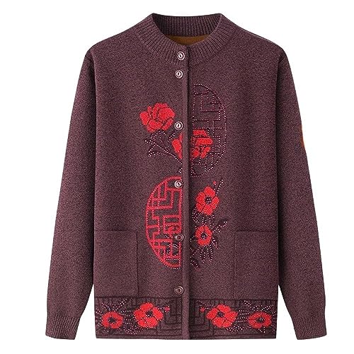 LCDIUDIU Fleecegefütterte Strickjacken Für Damen,Strickjacke Für Damen Mittleren Alters Und Ältere Menschen Vintage-Blume Langärmelige Strickjacke Mit Knöpfen Warme Sherpa-Strickjacke Winterjacke von LCDIUDIU