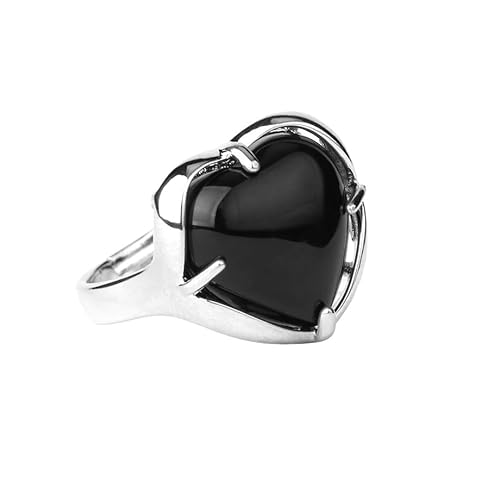 LCDIUDIU Herzförmiger Steinring, Silberfassung Schwarzer Obsidian Edelsteinringe Offen Verstellbar Fingerreif Daumenband Schmuck Geschenk für Sie Freundin Ehefrau Mama Schwarzer Obsidian von LCDIUDIU