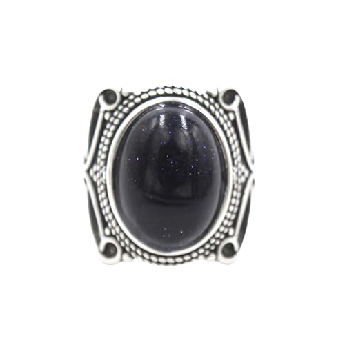 LCDIUDIU Ovale Steinringe, Vintage Silber Breite Fassung Schwarzer Obsidian Edelsteinringe Offen Verstellbar Fingerreif Daumenband Reiki Schmuck Geschenk für Ehefrau Mama Blauer Sandstein von LCDIUDIU