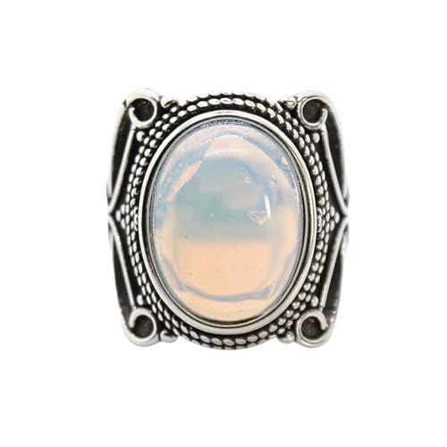 LCDIUDIU Ovale Steinringe, Vintage Silber Breite Fassung Schwarzer Obsidian Edelsteinringe Offen Verstellbar Fingerreif Daumenband Reiki Schmuck Geschenk für Ehefrau Mama Opal von LCDIUDIU