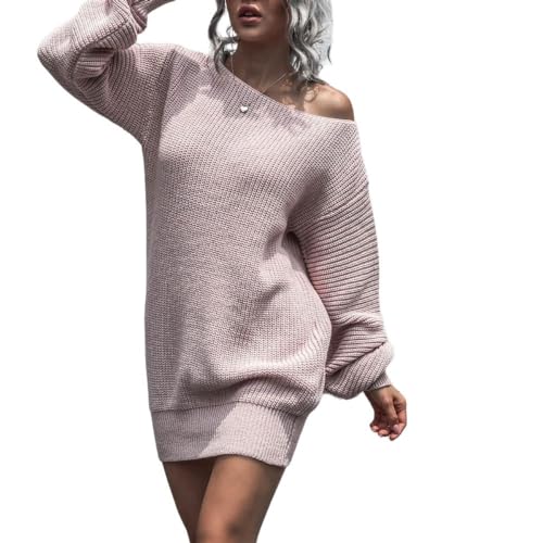 LCDIUDIU Pulloverkleid Für Damen Geripptes Grob Gestricktes Kleid Lockere Mini-Pullover-Kleider Sexy One-Shoulder-Lange Ballonärmel Freizeitkleider Herbst-Winter-Strickwaren Pullover-Oberteile Rosa S von LCDIUDIU