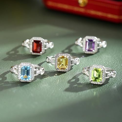 LCDIUDIU Ring Silber 925 Damen,Smaragdschliff Natürlicher Echter Edelstein Ringe für Frauen Silber Kettenband Verstellbar Verlobungsversprechen Ehering für Sie Geschenk Mit Box Peridot von LCDIUDIU