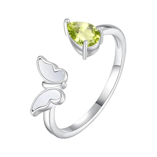 LCDIUDIU Ringe Frauen Silber 925,Birnenförmiger Natürlicher Edelstein Schmetterling Offene Ringe für Frauen Geburtsstein Kristallband Verstellbarer Zierlicher Jahrestag Verlobungs Ehering für Si von LCDIUDIU