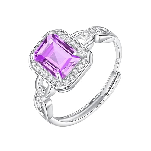 LCDIUDIU Ringe Frauen Silber 925,Smaragdschliff Natürlicher Echter Edelstein Ringe für Frauen Silber Kettenband Verstellbar Verlobungsversprechen Ehering für Sie Geschenk Mit Box Amethyst von LCDIUDIU