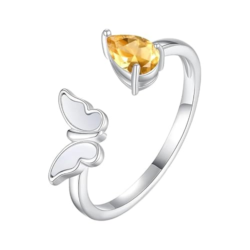 LCDIUDIU Silber Ringe 925 Frauen,Birnenförmiger Natürlicher Edelstein Schmetterling Offene Ringe für Frauen Geburtsstein Kristallband Verstellbar Zierlicher Jahrestag Verlobungs Ehering für Sie von LCDIUDIU