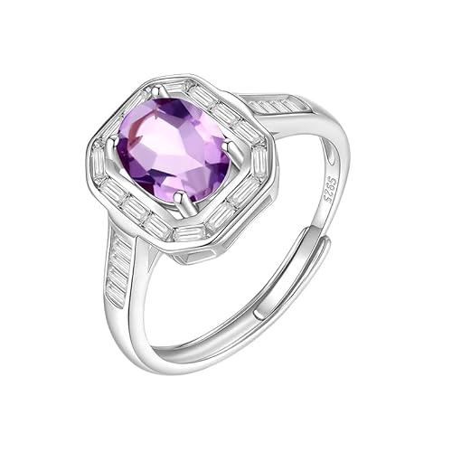 LCDIUDIU Silber Ringe 925 Frauen,Oval Geschliffener Natürlicher Edelstein Saphir Verlobungsringe für Frauen Geburtsstein Band Verstellbar Versprechen Jahrestag Ehering für Sie Geschenk Amethyst von LCDIUDIU