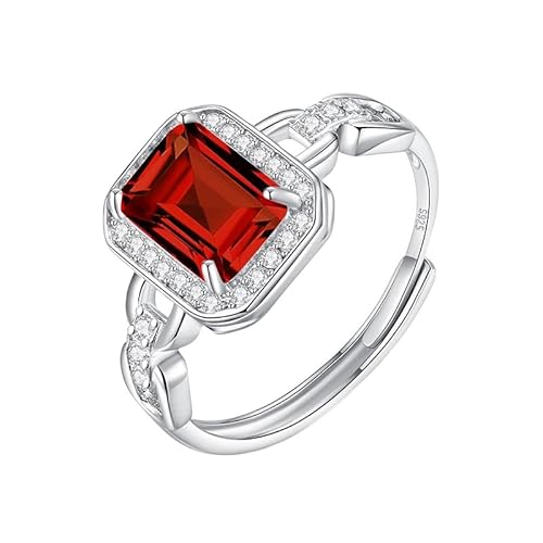 LCDIUDIU Silber Ringe 925 Frauen,Smaragdschliff Natürlicher Echter Edelstein Ringe für Frauen Silber Kettenband Verstellbar Verlobungsversprechen Ehering für Sie Geschenk Mit Box Rubin von LCDIUDIU