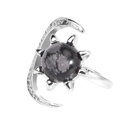 LCDIUDIU Sonne Mond Förmige Natursteinringe, Silber Inlay Zirkon Runde Energie Tiger Eyestone Edelsteinringe Offen Verstellbar Finger Circlet Daumenband Reiki Schmuck Geschenk Schneeflocke Stein von LCDIUDIU