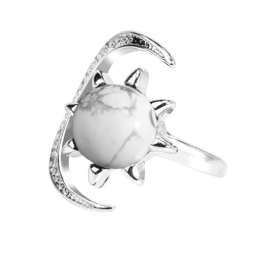 LCDIUDIU Sonne Mond Förmige Natursteinringe, Silber Inlay Zirkon Runde Energie Tigerauge Edelsteinringe Offen Verstellbar Finger Circlet Daumenband Reiki Schmuck Geschenk Howlith von LCDIUDIU