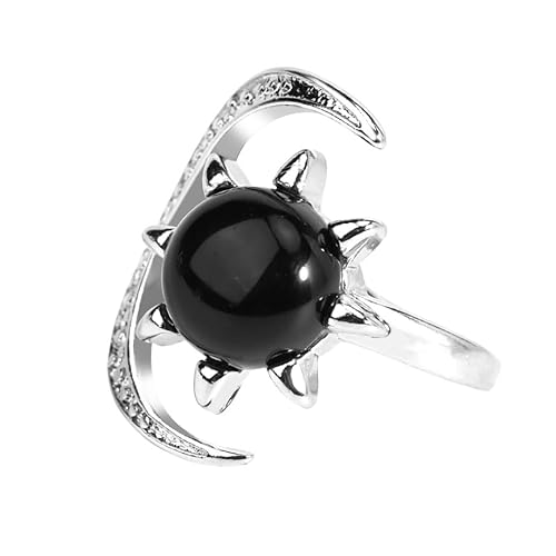 LCDIUDIU Sonne Mond Förmige Natursteinringe, Silber Inlay Zirkon Runde Energie Tigerauge Edelsteinringe Offen Verstellbar Finger Circlet Daumenband Reiki Schmuck Geschenk Obsidian von LCDIUDIU