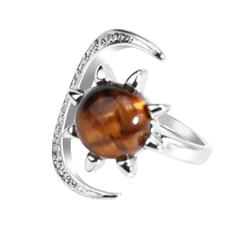 LCDIUDIU Sonne Mond Förmige Natursteinringe, Silber Inlay Zirkon Runde Energie Tigerauge Edelsteinringe Offen Verstellbar Fingerreif Daumenband Reiki Schmuck Geschenk Tigerauge Stein von LCDIUDIU