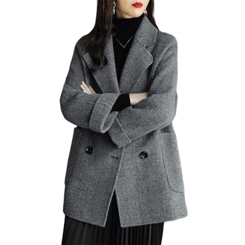 LCDIUDIU Woll Trenchcoat Für Damen Mit Fischgrätenmuster,Grau,Gekerbtes Revers,Zweireihiger Tweed Oberbekleidung,Lange Ärmel,Lässige Herbst Winter Übergangsanzugjacken,Mit Tasche,M von LCDIUDIU