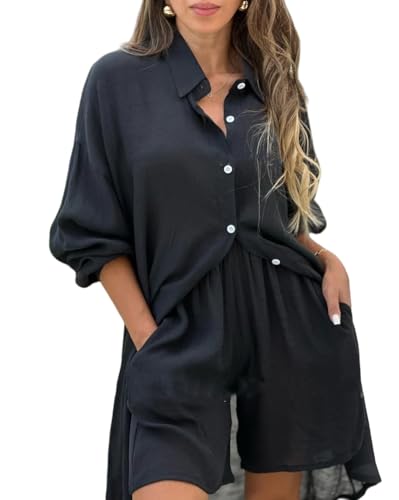 LCDIUDIU Zweiteiliges Musselin-Set Für Damen, Sommer, Damenbluse Und Bermuda-Shorts, Leinenbluse, Strandshorts-Set, Baumwollmusselin, 2-Teiliger Langarmanzug Mit Taschen (Schwarz, Schwarz, 3Xl) von LCDIUDIU