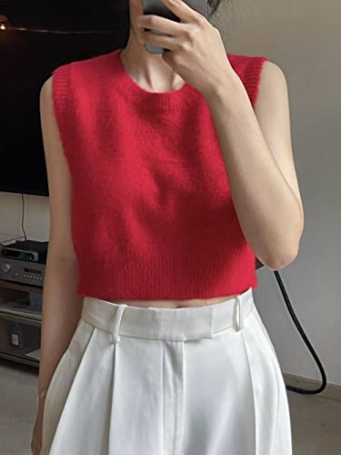LIUYUYOUGO Pullunder Damen,Damen-Strickpullover Weste Mode Kurz Einfarbig Rot Rundhalsausschnitt Ärmellose Pullover Westen Frühling Weich Gemütlich Racerback-Weste Pullover Tanktop Cami-Weste von LCDIUDIU