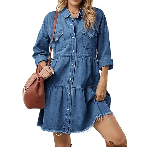 Langarm Kleid Damen, Western-Jeanskleid Für Damen Distressed Ausgefranst Lange Ärmel Knopfleiste Freizeitkleid Lockeres Spleißen A-Linie Gerüscht Gestuftes Midikleid Vintage-Waschung Verblasste von LCDIUDIU