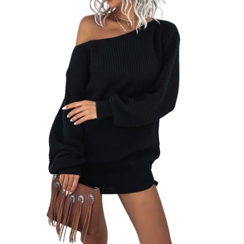 Pulloverkleid Für Damen Geripptes Grob Gestricktes Kleid Lockere Mini-Pullover-Kleider Sexy Eine Schulter Lang Ballonärmel Freizeitkleider Herbst-Winter-Strickwaren Pullover-Oberteile Schwarz L von LCDIUDIU