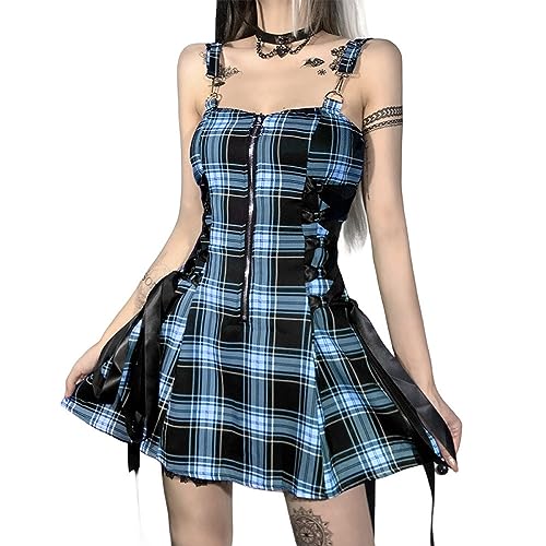 Sommerkleid Damen,Frauen Gothic Kleid Y2K Plaid Cami Bandage Minikleid Punk Vintage Kleid Sexy Schlanker Reißverschluss Ärmellos A-Linie Sommerkleider Cosplay Halloween Partykleid Streetwear,Bllue,L von LCDIUDIU