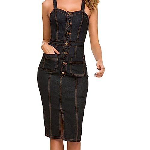 Sommerkleider Damen,Damen-Jeanskleid Figurbetont Sexy Spaghettiträger Ärmellos Tank-Kleid Modisch Schmales Vorne Geteiltes Bleistiftkleid Vintage-Waschung Jean-Cami-Kleid Party Club Streetwear Sch von LCDIUDIU