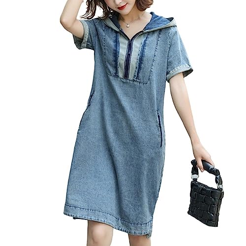 Sommerkleider Damen,Damen-Jeanskleid Mit Kapuze Vintage-Stil Hellblau Spleißen Kurzärmelige Kleider Lässig Lockerer Reißverschluss Hoodie-Kleid Sommerwaschung Verblasstes Jeanskleid Modische Mid von LCDIUDIU