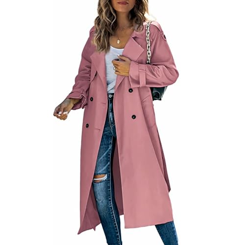 Zweireihiger Langer Trenchcoat Für Damen,Rosa Solide Klassische Reversmanteljacke Mit Gürtel Frühling Herbst Lässige Lange Ärmel Leichte Windjacke,S von LCDIUDIU