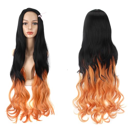 Damen Langwelle Perücke, Anime Charakter Cosplay Frisur, für Frauen Erwachsene, Halloween Kostüm (schwarz-orange) von LCHENJIDG