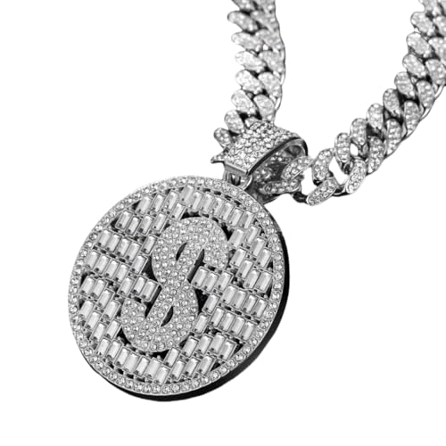 LCHJX Halskette Edelstahl eingelegt mit Diamanten, Dollar-runde Anhänger Halskette, Hip-Hop-Herren- und Frauenkette von LCHJX