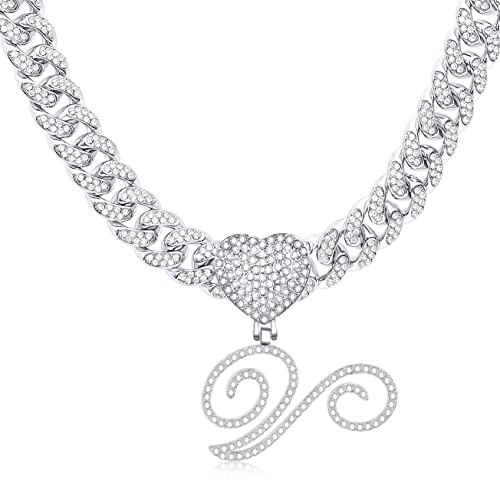 LCHJX Kursive anfängliche kubanische Halskette für Frauen Miami vereiste kubanische Kette Halskette Halskette Diamant Initial Herz Anhänger Buchstabe Halskette Alphabet Az Hip Hop Schmuck Schmuck von LCHJX