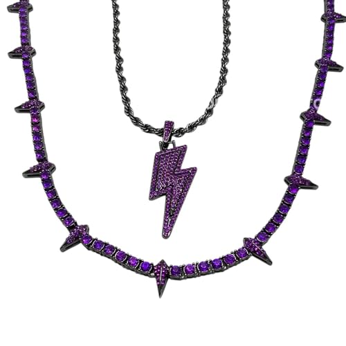 NEU 2025 Hip Hop Anhänger dunkelviolett Eiste Out CZ Tenniskette Halskette Schwarz Rock Rivet Männer Dekoration Schmuck Luxus für Sie Accessoires Trendy Creative Beste für Geschenk von LCHJX