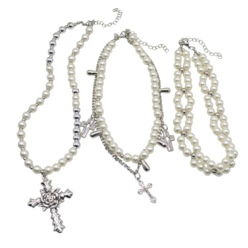 NEU 2025 Vintage Perlen mehrschichtige Strand -Halskette mit robuster Legierungkreuzungen an Hubpendellierschmuck Accessoire für trendige Frauen Dekoration Schmuck Gedenkzubehör Trendy Beste für von LCHJX