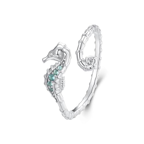 Seahorse 925 Sterling Silber Verstellbarer Ring für Frauen Mode Stapel erweiterbarer natürlicher Marine Crystal Ocean Sea Animal Statement Offener Wickelfinger Ringe Zauberer Geburtstagsfeier Schmuck von LCHJX