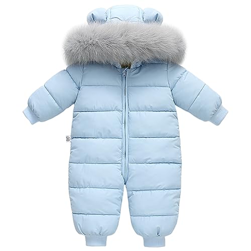 LCIGIA Baby Strampler Schneeanzug Kinder Schnee Overall Neugeborene Winter Jumpsuit Einteiliger Skianzug Mädchen Jungen Schneeoverall mit Abnehmbarem Pelzkragen Verdickte Daunenjacke, Blau, 100 von LCIGIA