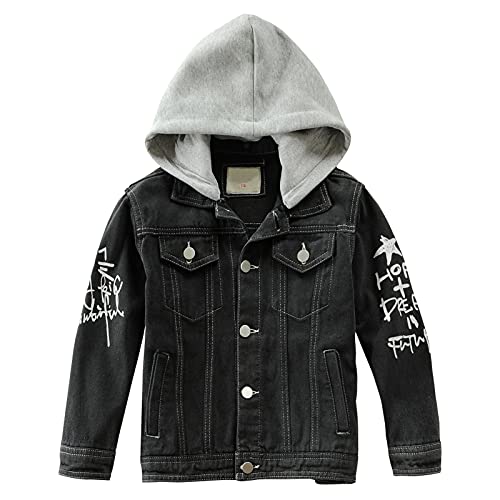 LCIGIA Jeansjacke Jungen Jeans Jacke mit Abnehmbarer Kapuze Mädchen Übergangsjacke mit Bedruckten Buchstaben Kinder Denim Jacket, Schwarz, 122-128 von LCIGIA