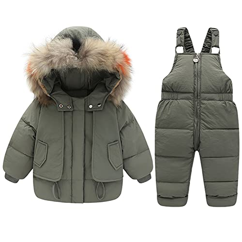 LCIGIA Jungen Skianzug Kinder Schneeanzug mit Pelzkragen Kapuze Mädchen Zweiteiliges Bekleidungssets Skijacke + Skihose Verdickte Winterjacke Daunenjacke Daunen Hose, Grün, 104-110 von LCIGIA