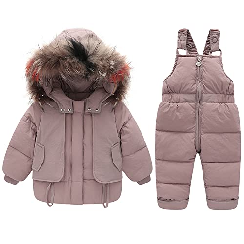 LCIGIA Jungen Skianzug Kinder Schneeanzug mit Pelzkragen Kapuze Mädchen Zweiteiliges Bekleidungssets Skijacke + Skihose Verdickte Winterjacke Daunenjacke Daunen Hose, Rosa, 116 von LCIGIA