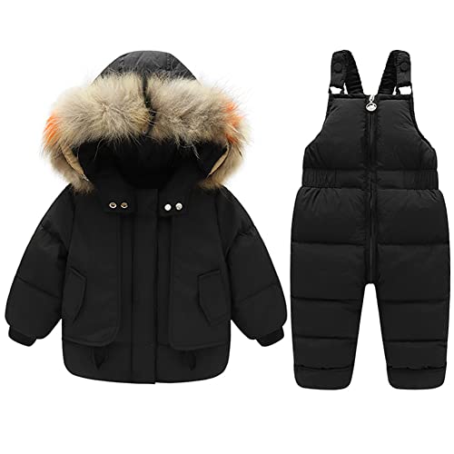 LCIGIA Jungen Skianzug Kinder Schneeanzug mit Pelzkragen Kapuze Mädchen Zweiteiliges Bekleidungssets Skijacke + Skihose Verdickte Winterjacke Daunenjacke Daunen Hose, Schwarz, 122-128 von LCIGIA