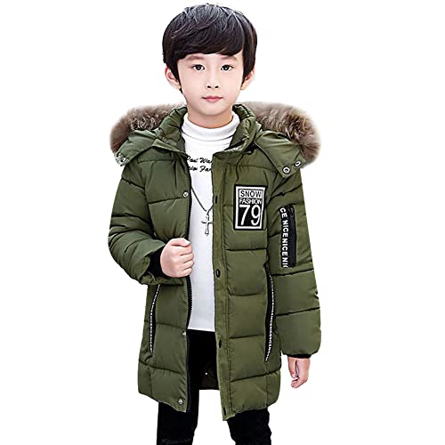 LCIGIA Kinder Winterjacke Jungen Wintermantel Baumwoll Jacke Mit Abnehmbarem Großem Pelzkragen Winddichte Outdoorjacke Mädchen Warme Steppjacke, Armeegrün, 104-110, H13-YL28W28Z-V11 von LCIGIA