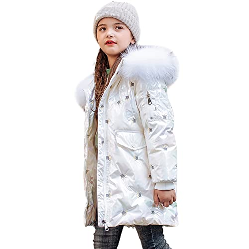 LCIGIA Mädchen Winterjacke Kinder Jacke mit Abnehmbare Kapuze Wintermantel mit Krone Stickerei Dicke Outdoorjacke Warme Daunenjacke, Weiß, 122-128 von LCIGIA