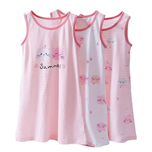 LCIGIA Nachthemd Mädchen Kinder Nachtwäsche mit Katzemuster Ärmellos Nachtkleid 3er Pack Schlafanzug, Katze(3tlg), 140 von LCIGIA